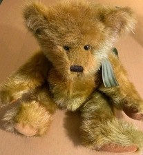 Russ Bear "BRIGHTLEY" Brown 17" Long Haired Mohair With Green Stripe Ribbon.
