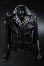 Men's Spiked Studded Leather Jacket Punk Heavy Metal Button Up Jacket Black
