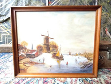 Vintage original Landscape Lowry Style Frozen Lake Oil Painting Signed G.L.Holt