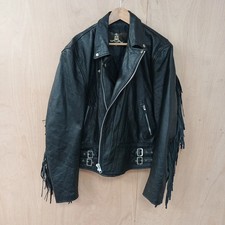 Ashy Vintage Fringed Leather Motorcycle Black Leather Jacket - Size 48