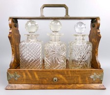 Three Decanter Oak Tantalus by Mappin & Webb. Antique c.1880 VTG Victorian.