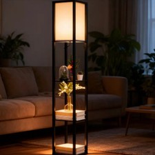 Floor Lamp with Shelves Wood Standing Lamp with LED Light for Living Room...