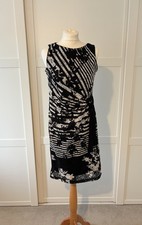 Roman Black/White Lacey Dress size 12 Fully Lined Stretch Gathered Waist Sash VG