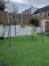 Metal Garden Swing Set with Double Swing and Glider Outdoor Kids Play Seat Frame