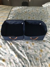 Two Lazzari Brand Navy Blue Storage Drawers with Brown Leather Handles