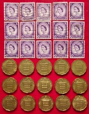 1953-1967 Full Set of Queen Elizabeth II Brass Threepence Coins with 3d Stamps.