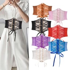 Ladies Waist Cincher Wide Band Elastic Tied Waspie Corset Lace Button Belt Dress