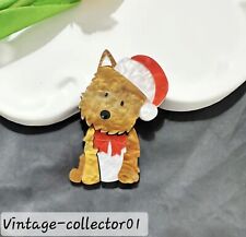 Modern Arcrylic Handmade BROOCH Gold Pearlescent Westie Terrier Dog  Santa Hat 