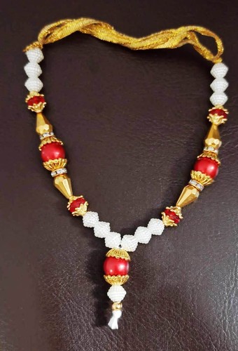 Red moti white beads - white, /