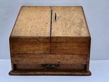 Edwardian wooden stationery box desk tidy with lock & key - 27cm x 30cm x 17cm
