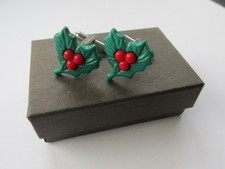 Handmade Green Red Christmas Inspired Holly & Berry Mens Cufflinks - Boxed
