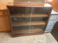 Vintage Brown Wooden Display Cabinet with Sliding Glass Doors Adjustable Shelves
