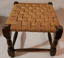 Vintage Retro Wooden Woven Wicker Rattan Foot Stool 1950s 1960s