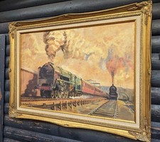 STEAM TRAINS LARGE VINTAGE FABULOUS FRAMED ORIGINAL OIL PAINTING signed 