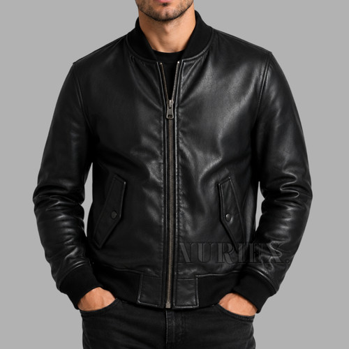 Mens black leather bomber - black,