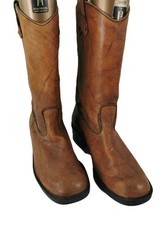 Vintage Tan Leather Block Heeled Pull On Cowboy Western Chore Engineer Boots UK8