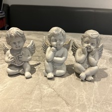 Vintage Angelic Porcelain Cherub Figurines, White Matte, Set Of Three