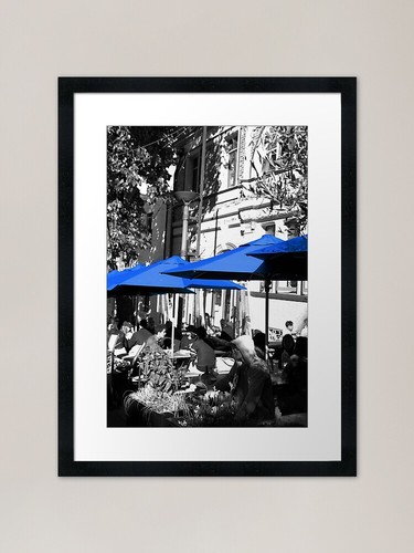 Blue cafe umbrellas framed art - cafe,