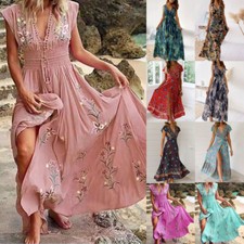 Womens Floral Boho Long Maxi Dress Ladies Summer V Neck Holiday Beach Sundress