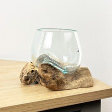Living Room Ornament  Small Molten Glass Bowl on Wood Rustic Decor Sculpture D11