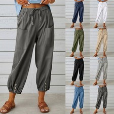 Womens Cotton Linen Cropped Harem Pants Summer Combat Cargo Wide Leg Trousers