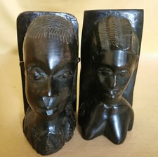 Vintage Bookends African Heads Ebony Dark Hard Wood Hand Carved Retro