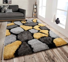 Luxury Pebbles Ochre 3D Carved Shaggy Fluffy Non-Slip Floor Rug for Living Room