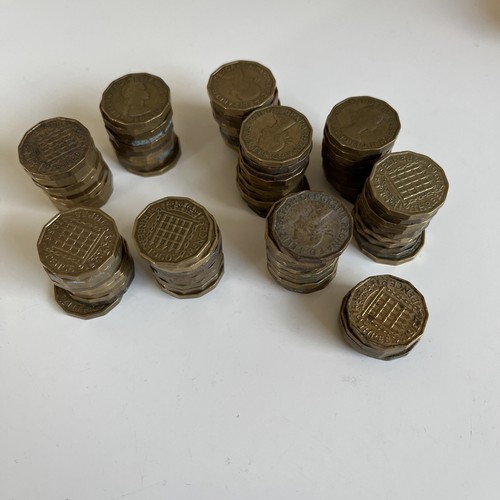 Job lot three penny bits - three,