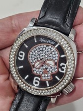 Marc Ecko Watch Black Genuin Leather And Crystals Skull new battery. Runs Good