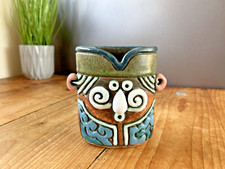 UNUSUAL VINTAGE SERBIAN POTTERY FACE VASE PENCIL POT AZTEC MYAN TIKI BOHO STYLE