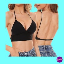 UNBRANDED  Women's Low Back Wirefree Convertible Bra, Deep V Plunge, Black, UK L