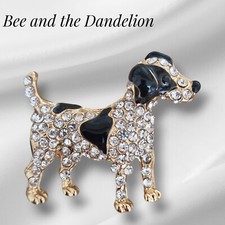 Jack Russell Type Dog Enamel And Crystal Rhinestone Gold Tone Brooch