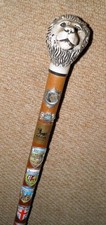 Vintage Walking Stick / Cane With Resin Lion Head Top & British Hiking Badges