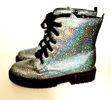 CUTE SHINY HOLOGRAPHIC RAINBOW STARS PATTERN LACED & ZIPPED BOOTS. 37/UK4