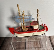 Vintage Hand Crafted Wooden Fishing Shrimping Boat Trawler Collectible 18cm