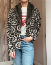 Kaliko Wool Mohair Jacket Faux Fur Collar Retro Swirl Pattern UK 16