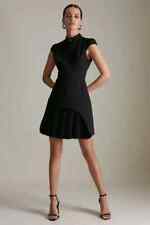 Elegant new  quality black crepe Karen Millen pleated military dress, 14, £189