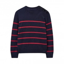 NEW CREW CLOTHING Breton Button Shoulder Navy Red Striped Wool Jumper 8 RRP £69