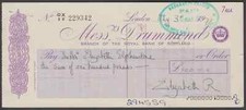 Queen Mother signed cheque May 1977 Elizabeth R on Messrs Drummond Royal Bank of