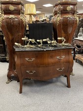 Antique Style Walnut French Bombe Chest of Drawers with Black Marble Top