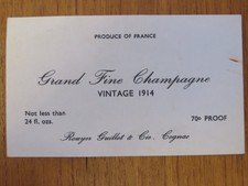 Vintage Label Grand Fine Champagne Vintage 1914 Rouyer Guillet & Cis. Cognac.