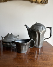 Antique German Art Nouveau Pewter Tea Set w/ Teapot, Milk Jug & Sugar Bowl