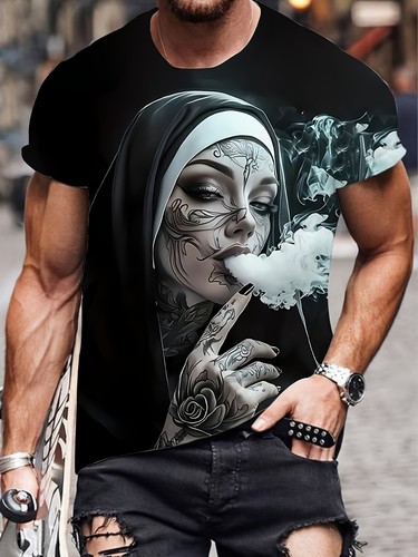 Smoking nun print shirt - print, t