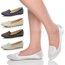 WOMENS LADIES FLAT DIAMANTE WEDDING EVENING BALLERINA PUMPS DOLLY SHOES SIZE