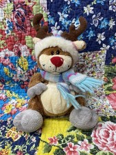 Keel Toys Reindeer Soft Toy 8” Plush Red Nose Blue & Pink Hat & Scarf VGC