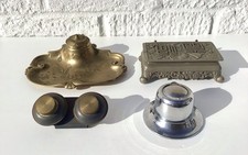 4 ANTIQUE VINTAGE INKWELLS BRASS PEWTER CHROME