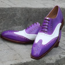 Handmade Purple & White Real Leather Oxford Lace up Wingtip Formal Wedding Shoes