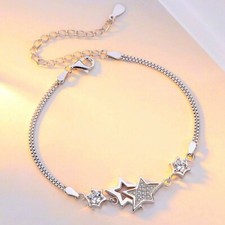 925 Sterling Silver Double Layer Star Linked Charm Bracelet Women Jewellery Gift