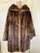 Vintage Ladies Real Musquash Fur Coat Brown Colour Pockets Wide Collar Size L XL