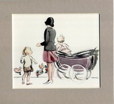 ~ Mother and Children Feeding Ducks ~ J H Dowd Colour Print Genuine Vintage 1937